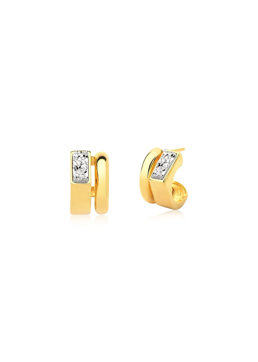 Gold hoop earrings with diamond accents on a white background