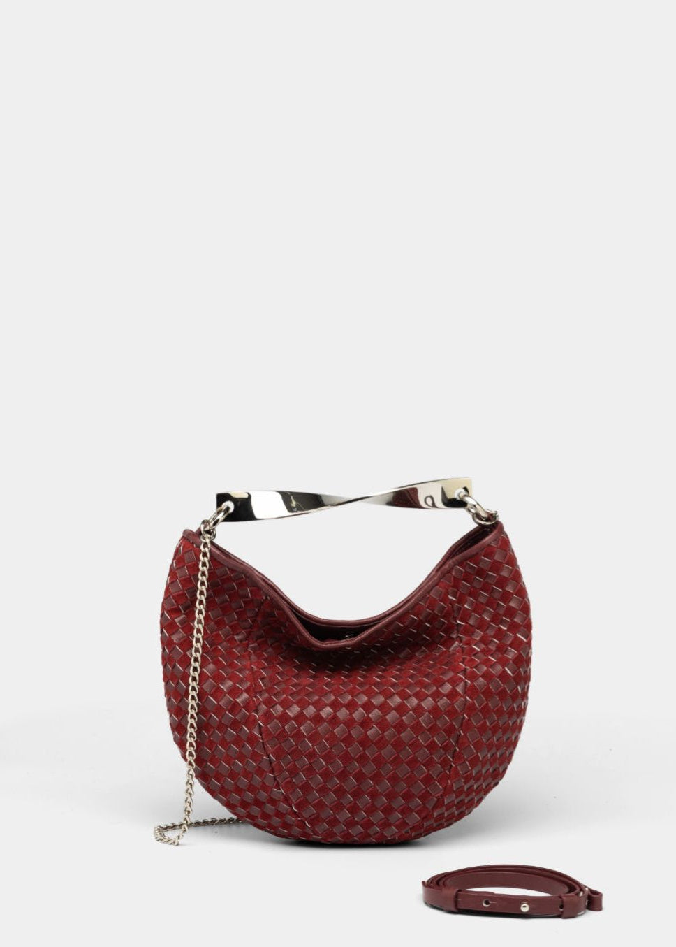 Wine colored suede bag in nickel hardware