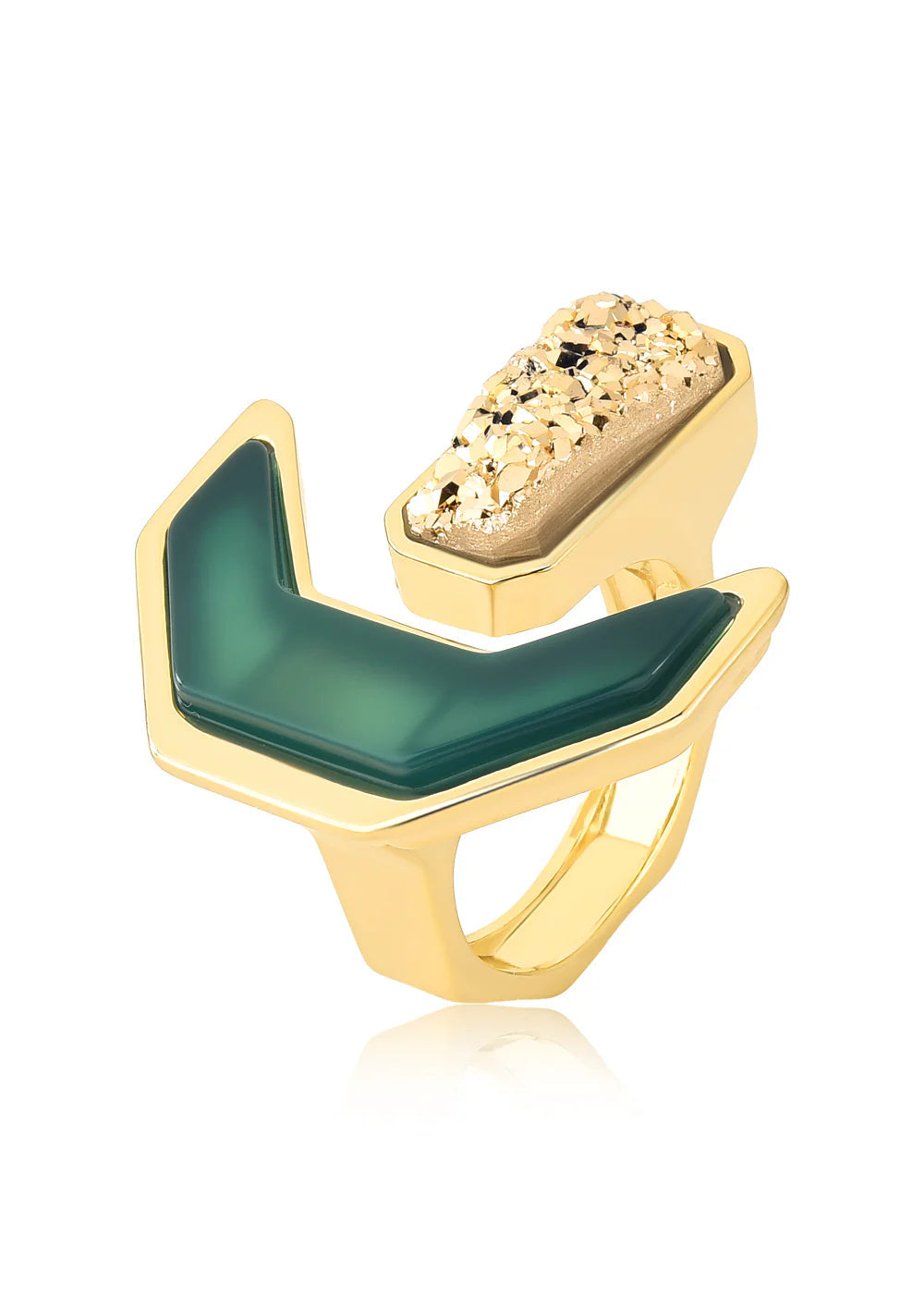 Gold ring with green stone and textured gold top on a white background