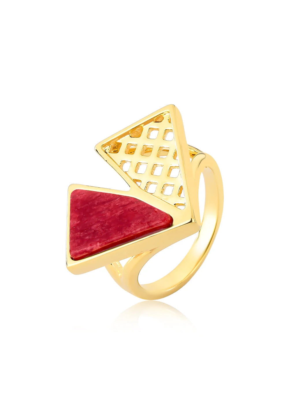 Gold ring with a red triangular stone on a white background