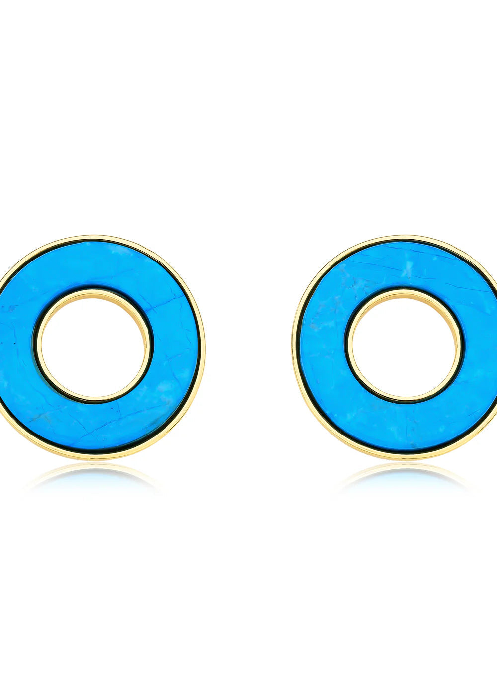 Pair of blue circular earrings with gold accents on a white background