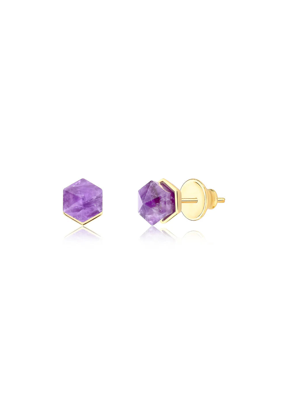 Purple gemstone stud earrings with gold posts on a white background