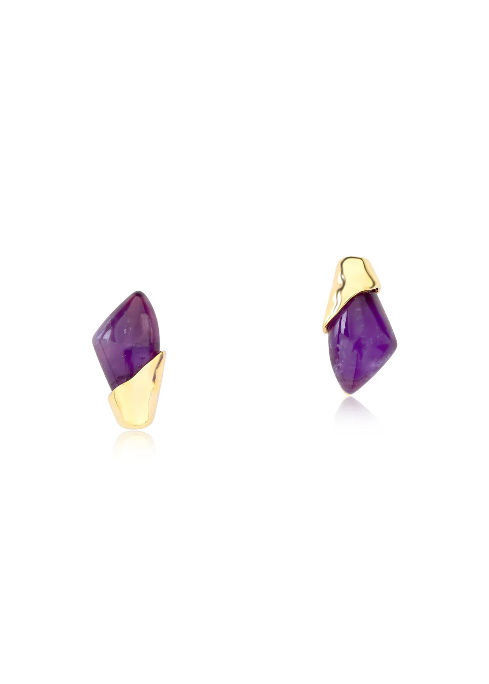 Pair of gold and purple earrings on a white background