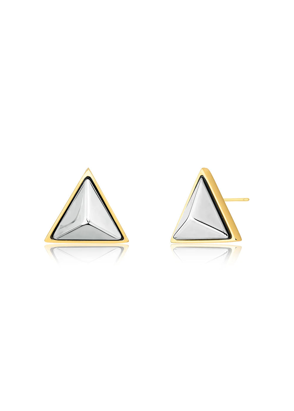 Pair of gold and silver triangle earrings on a white background