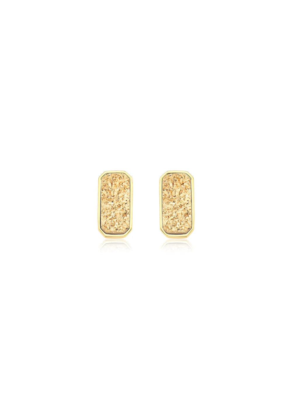 Gold rectangular earrings on a white background