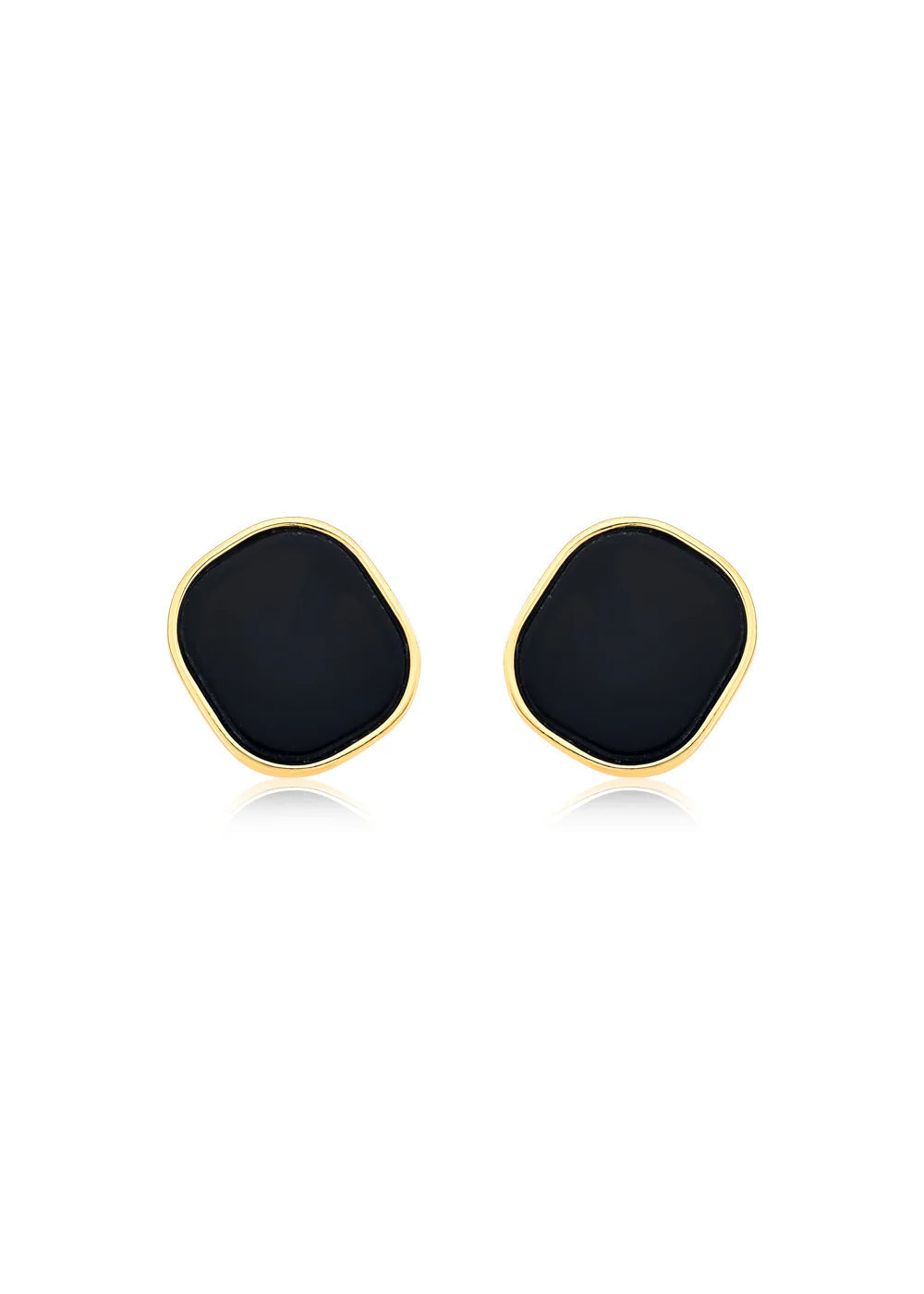Black square earrings with gold rims on a white background