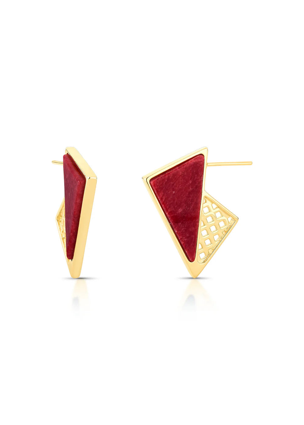Gold triangle-shaped earrings with red center on a white background