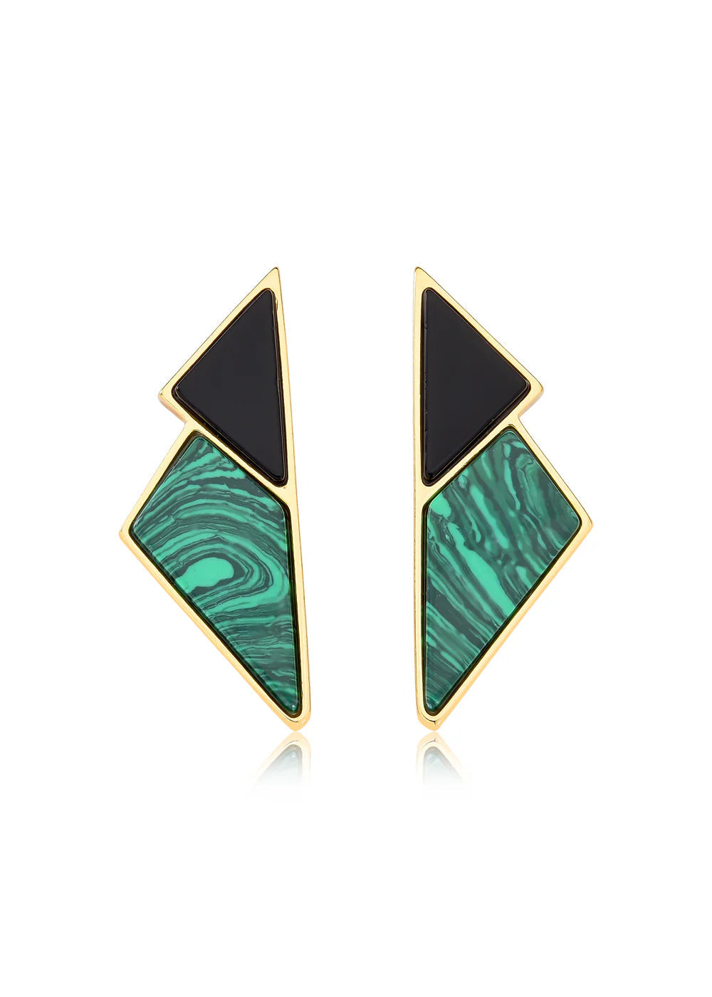 Pair of geometric earrings with black and green design on a white background