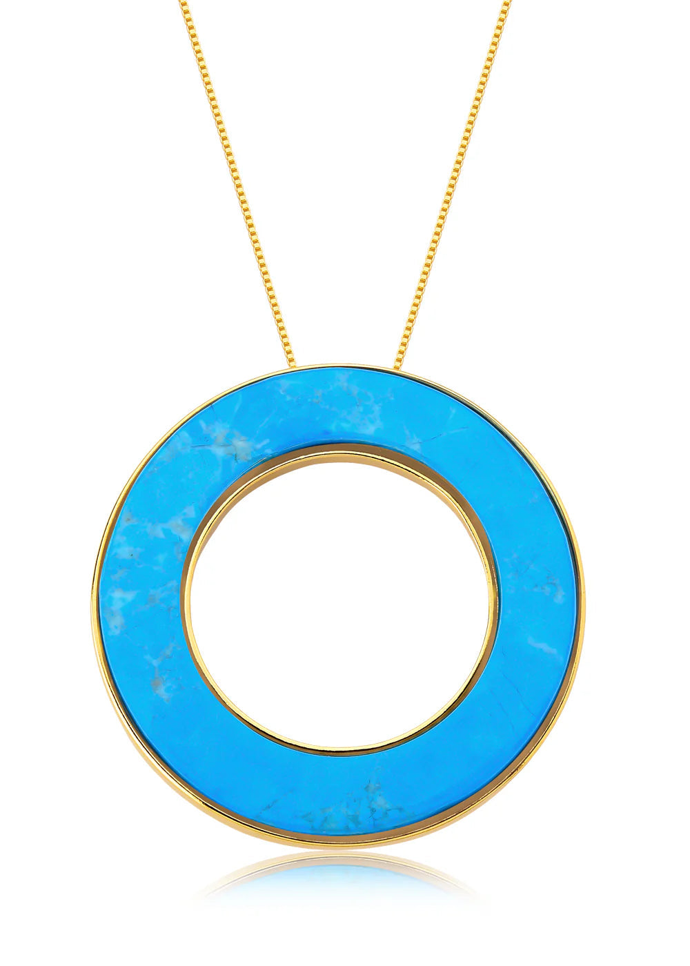 Necklace with a blue circular pendant on a white background