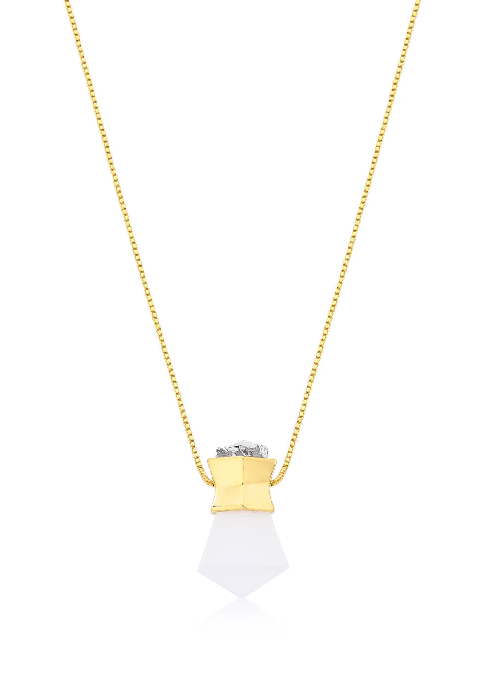 Gold necklace with a white pendant on a white background