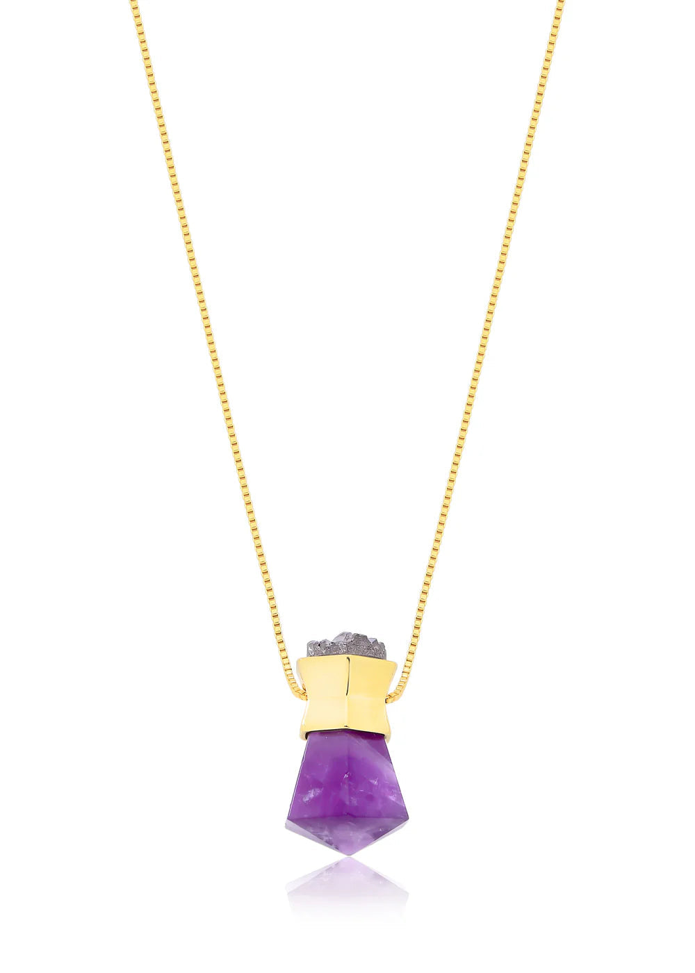 Necklace with a purple pendant and gold chain on a white background