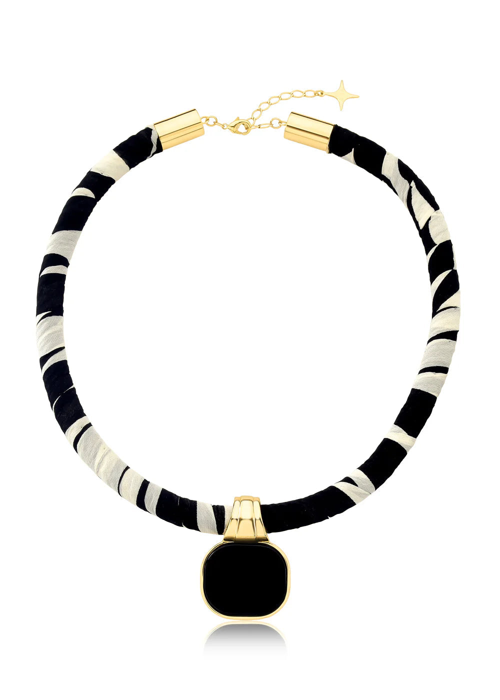 Black and white striped necklace with gold accents on a white background