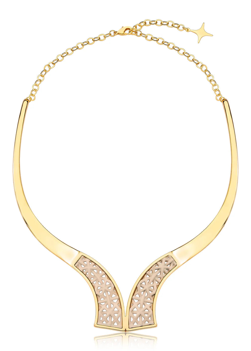 Gold necklace with a V-shaped design on a white background
