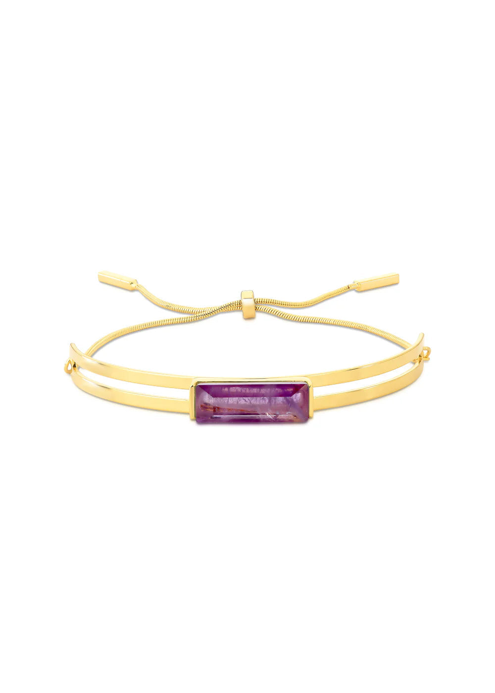 Gold bracelet with a purple gemstone on a white background