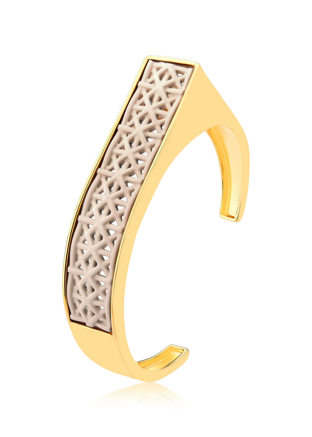 Gold bracelet with a textured beige center on a white background
