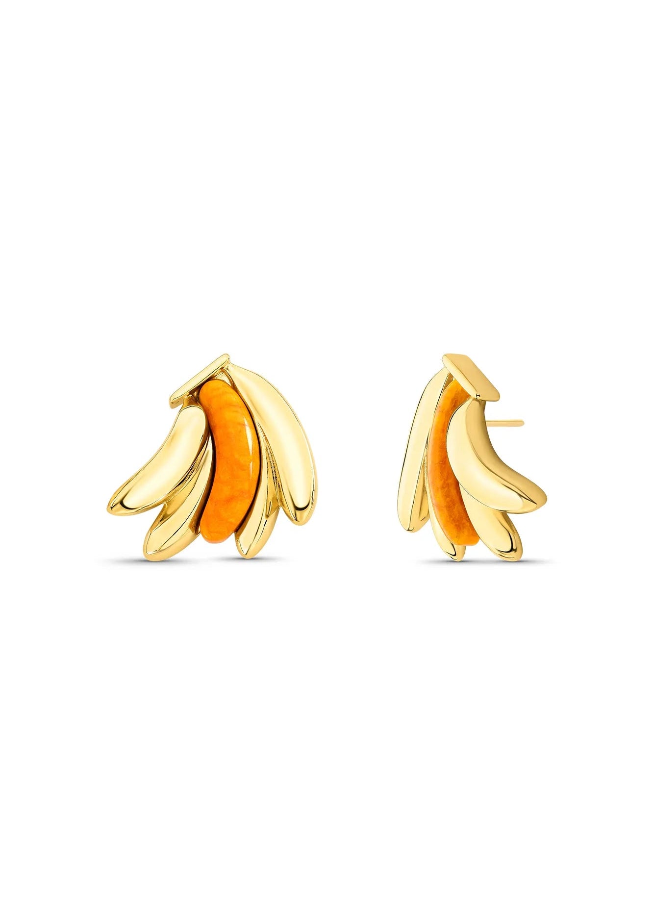 Gold banana-shaped earrings on a white background