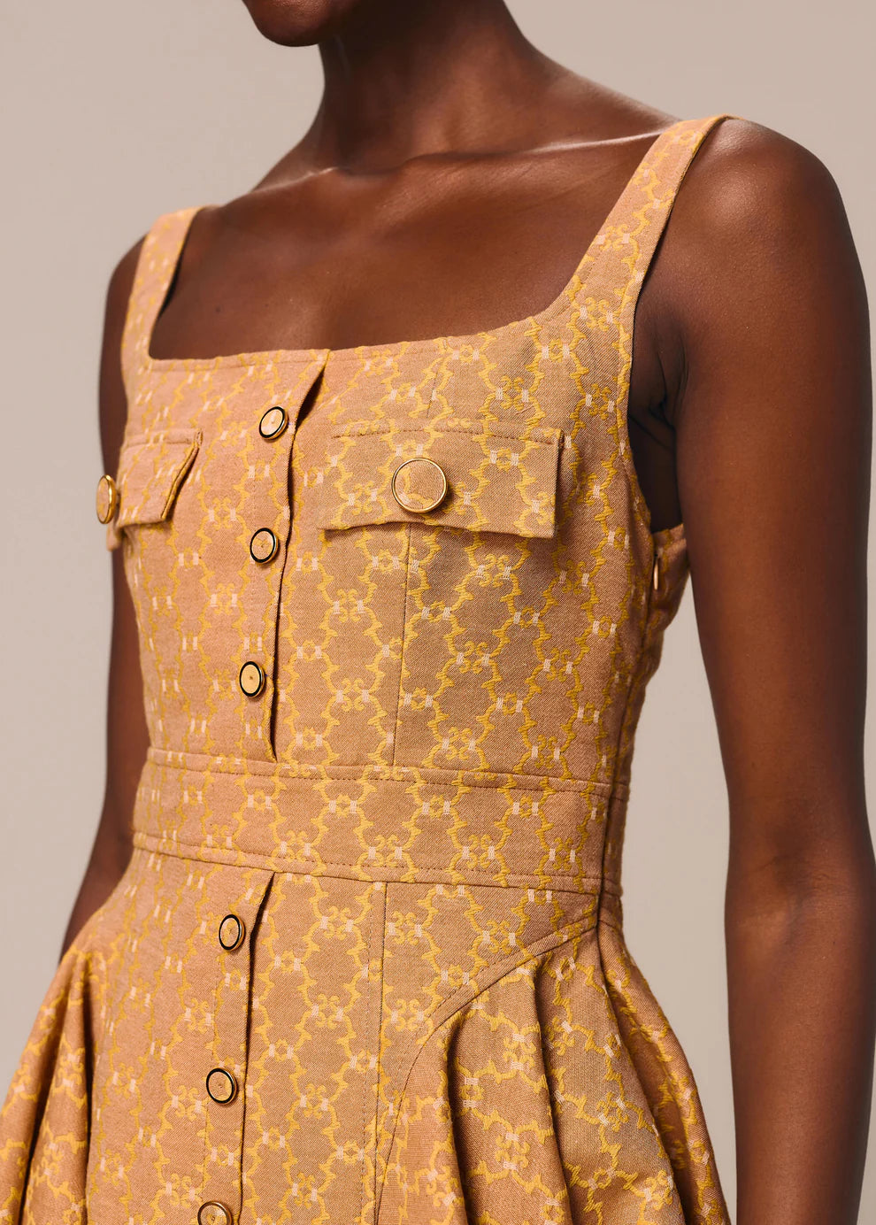Yellow Short Dress with buttons and straps