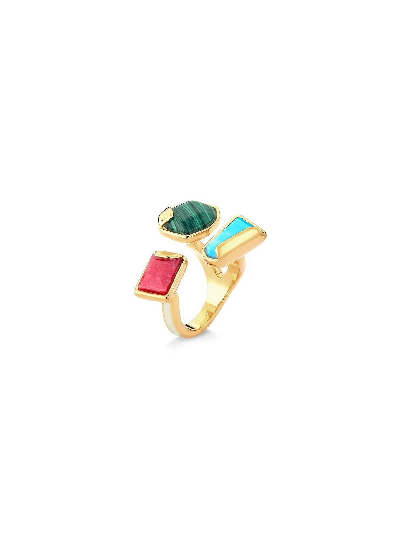 Gold ring with colorful gemstones on a white background