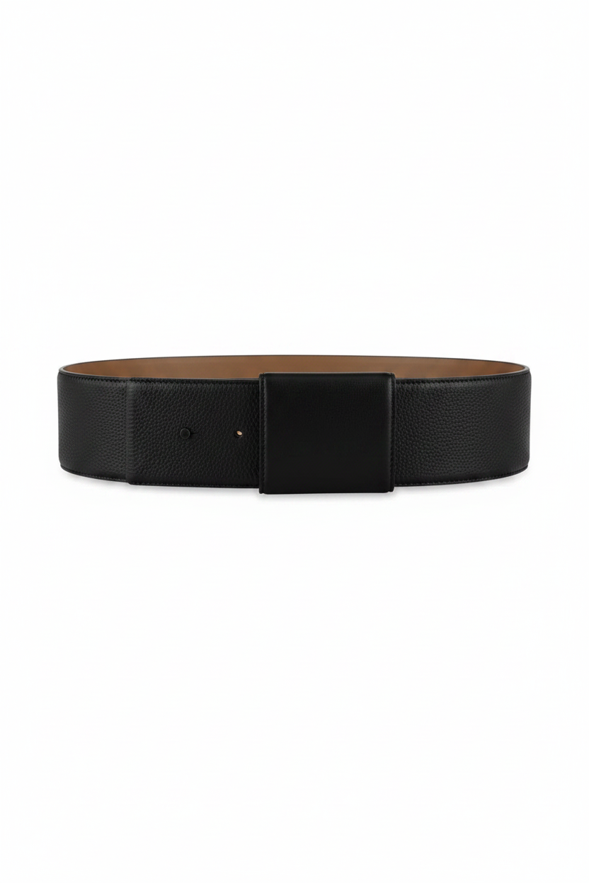 A cream-colored textured leather belt with a wide rectangular buckle and a small gold-tone metal rivet, displayed horizontally on a solid white background.
