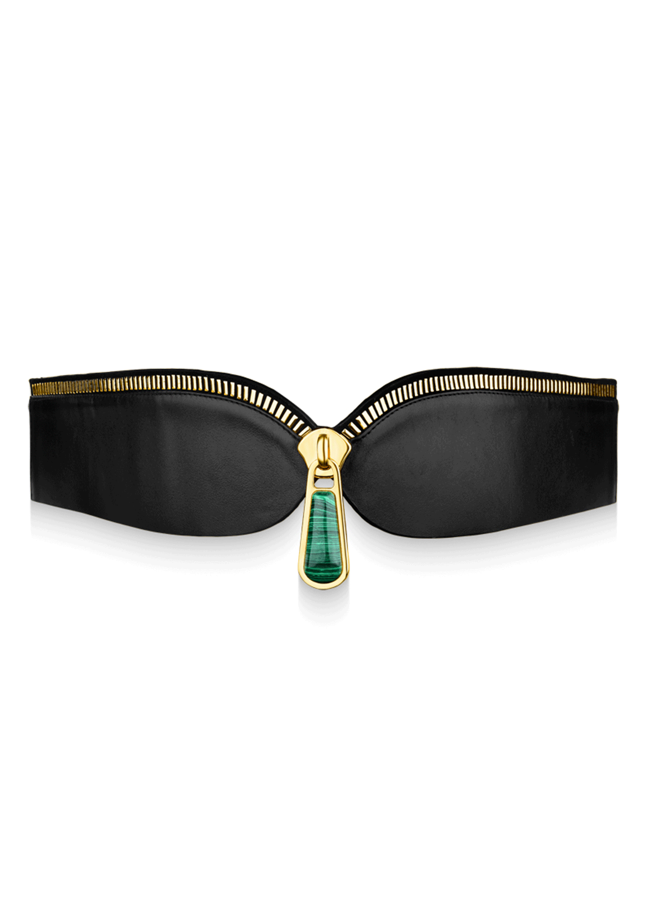 Black belt with gold zipper and green gemstone on a white background
