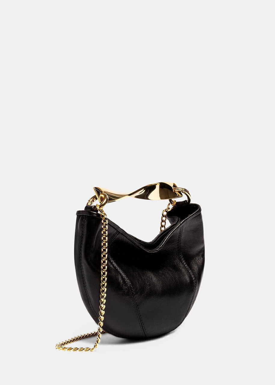 black leather bag with golden chain strap