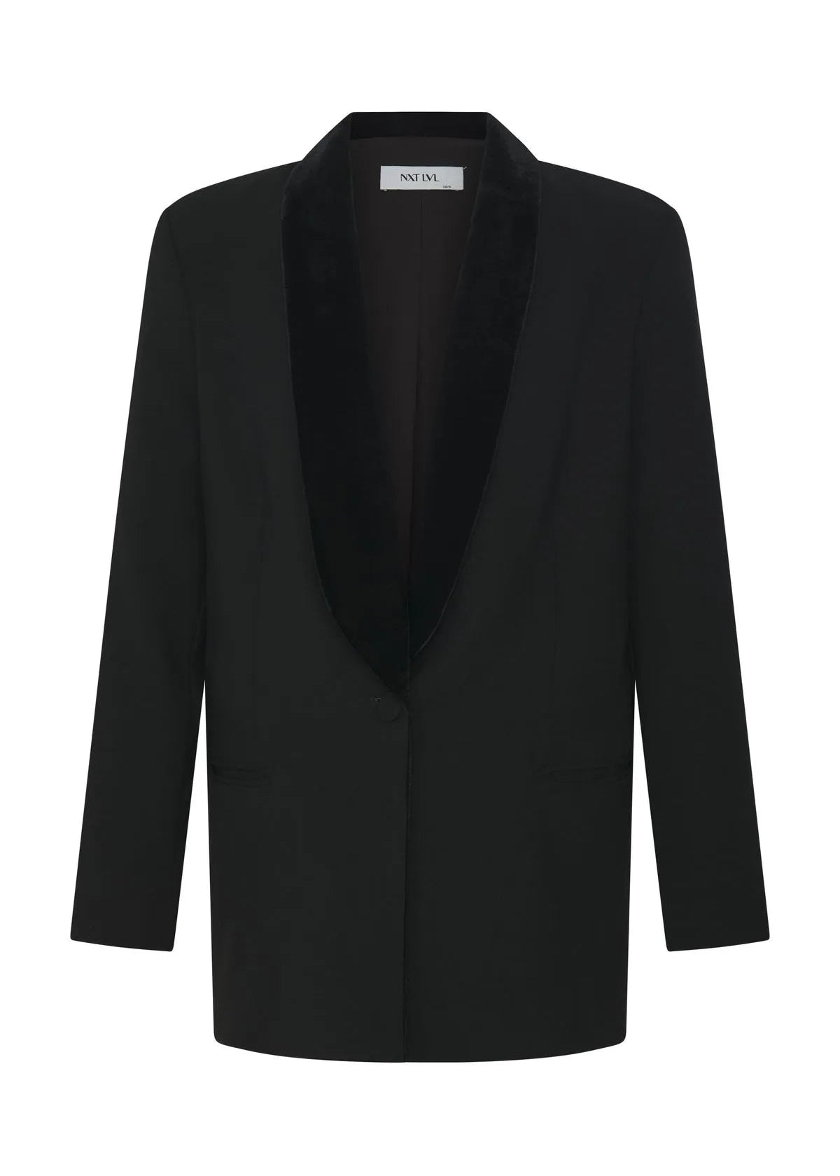 A black shawl collar blazer with a single button closure, displayed on a clean white background.