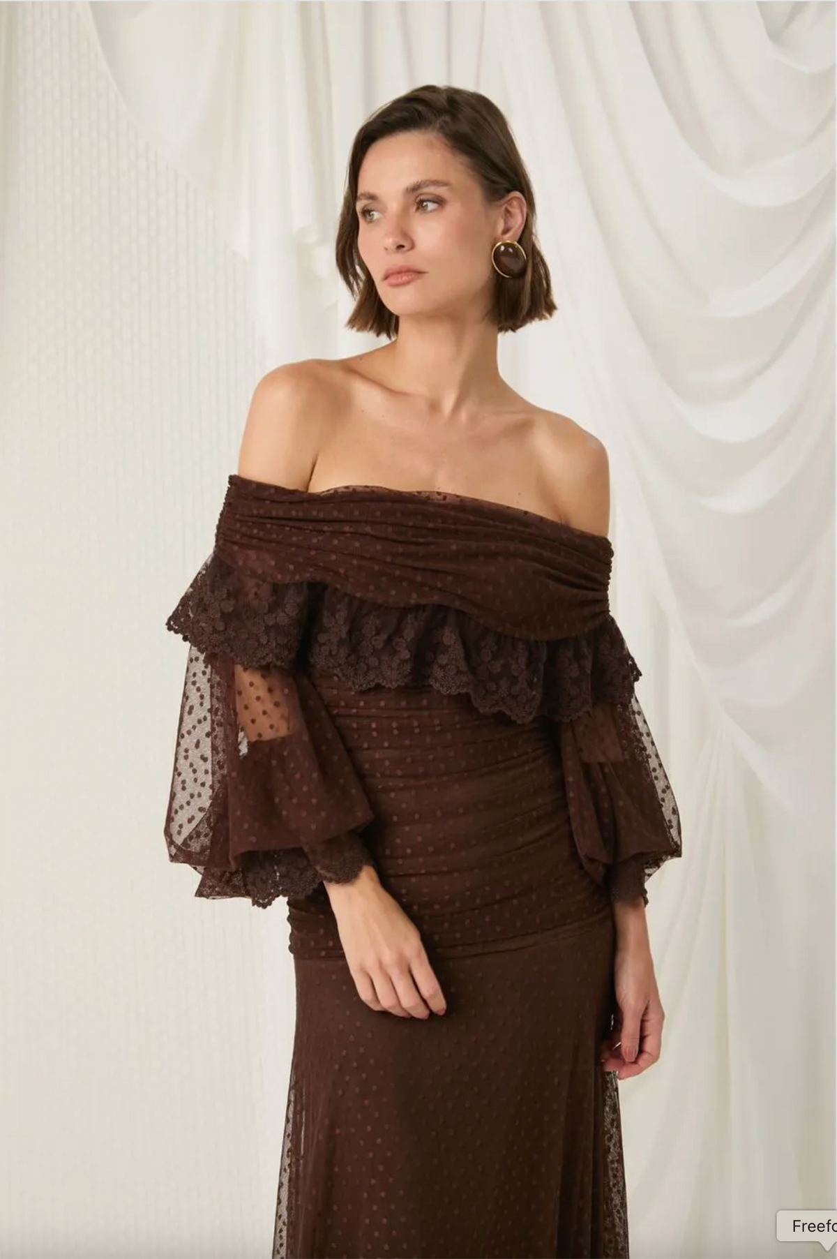 Brown tulle off-the-shoulder dress