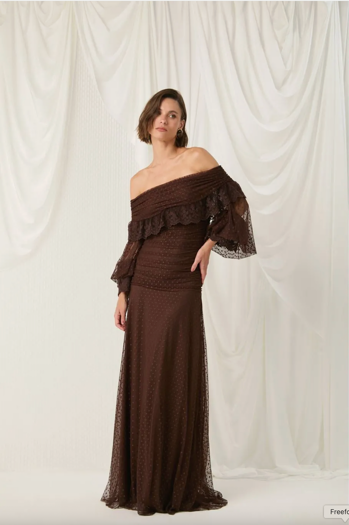 Brown tulle off-the-shoulder dress