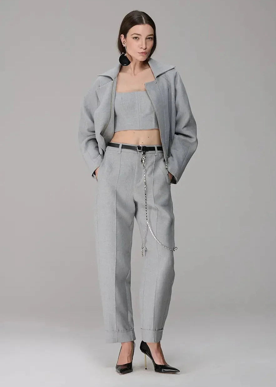 Cuffed Hems Pants with Leather Belt