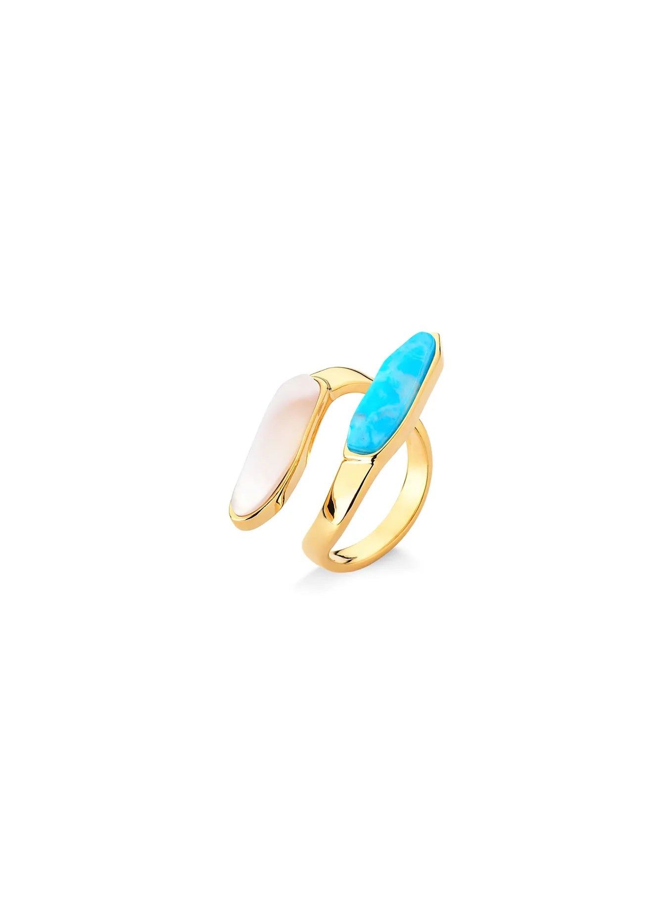 Gold ring with a turquoise and white stone on a white background