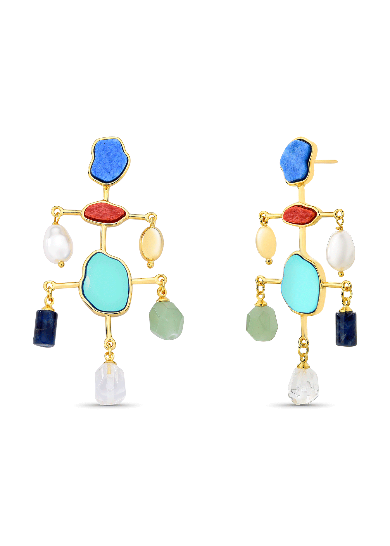 Colorful earrings with gold frame on a white background