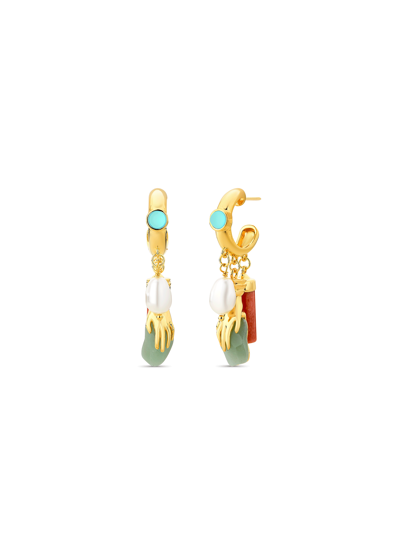 Pair of gold earrings with colorful stones on a white background