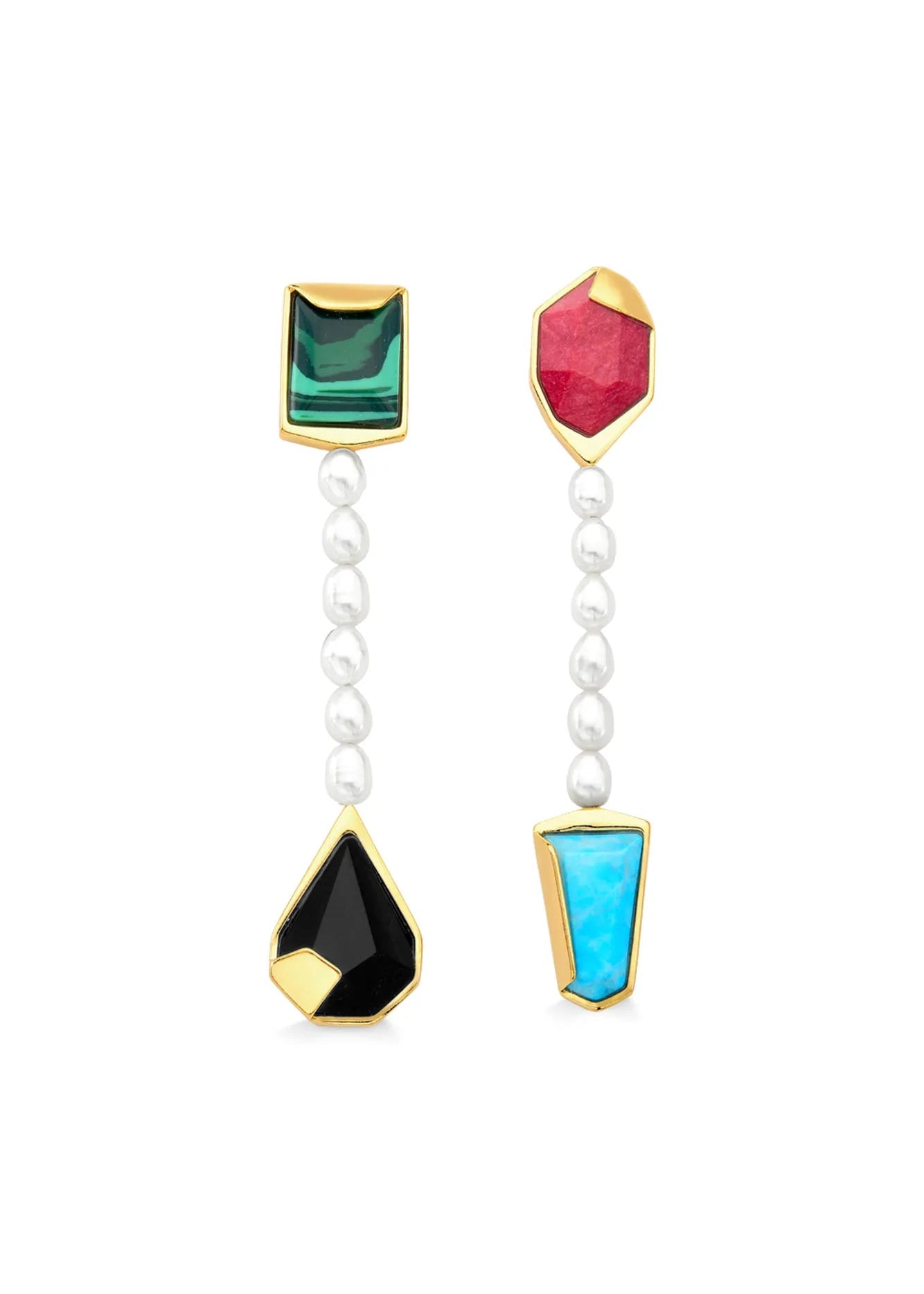 Pair of earrings with colorful gemstones and pearl strands on a white background