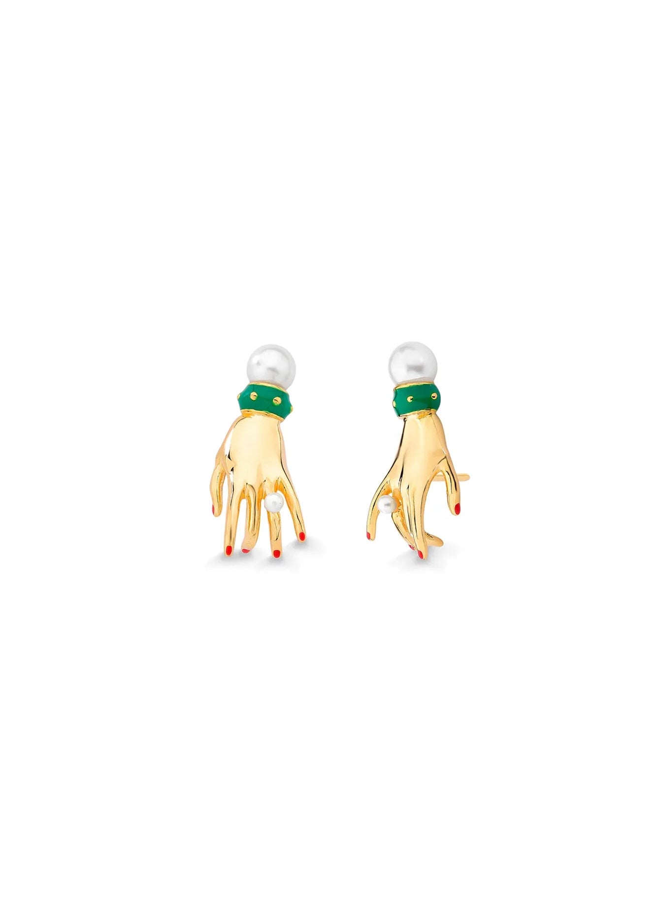 Earrings shaped like small hands holding pearls on a white background