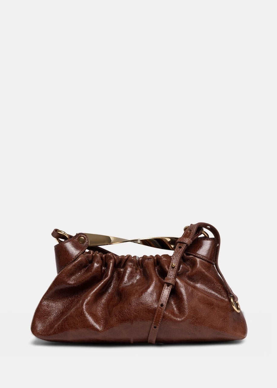 brown leather bag with golden hardware