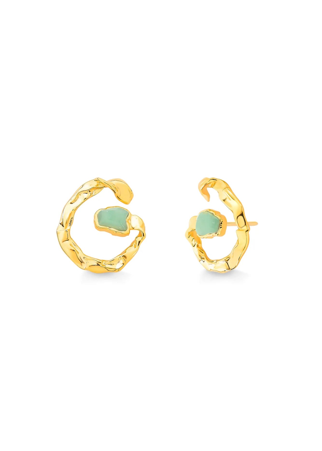 Gold hoop earrings with green gemstones on a white background