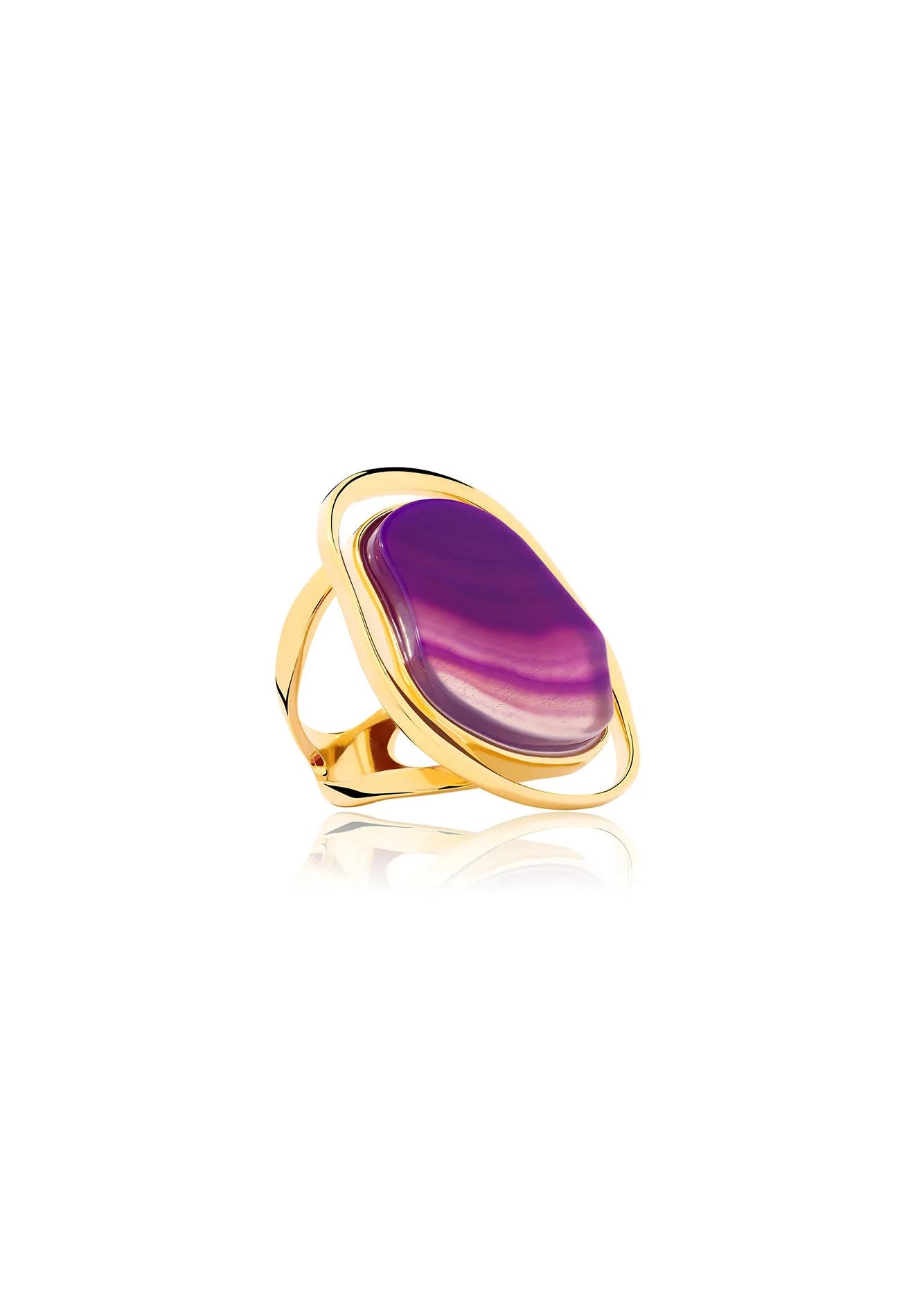 Gold ring with a purple stone on a white background