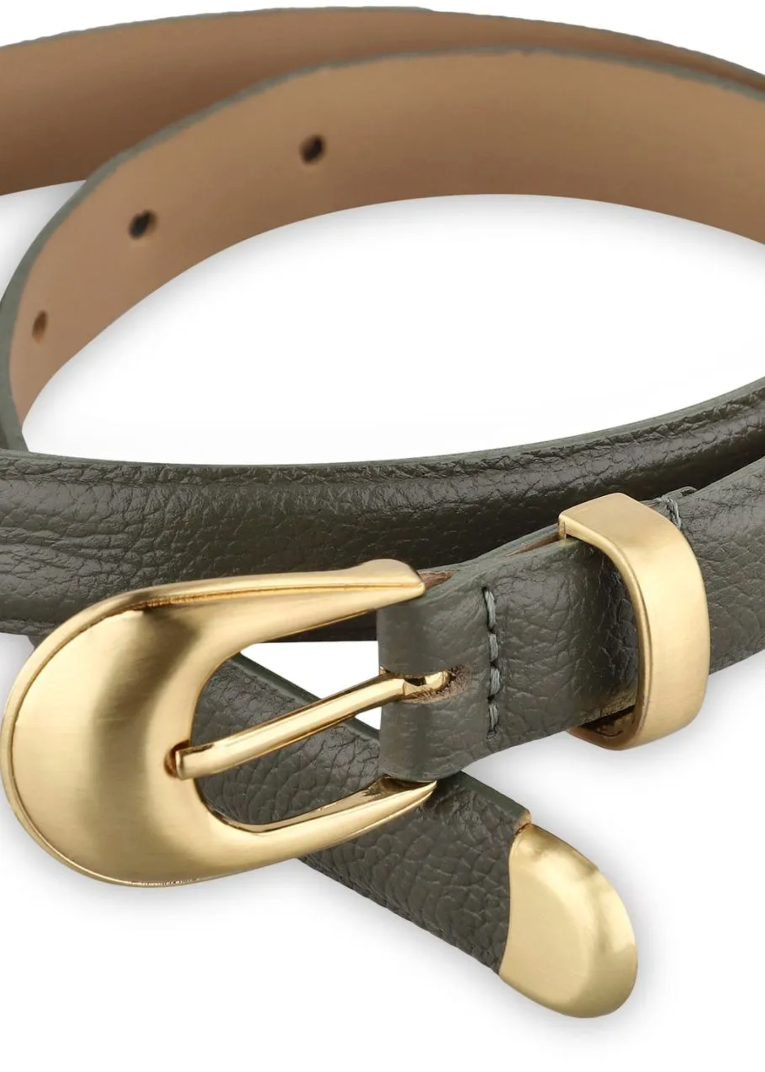 A close-up of a dark olive green textured leather belt with a polished gold-tone buckle and matching gold-tone tip, coiled on a white background.