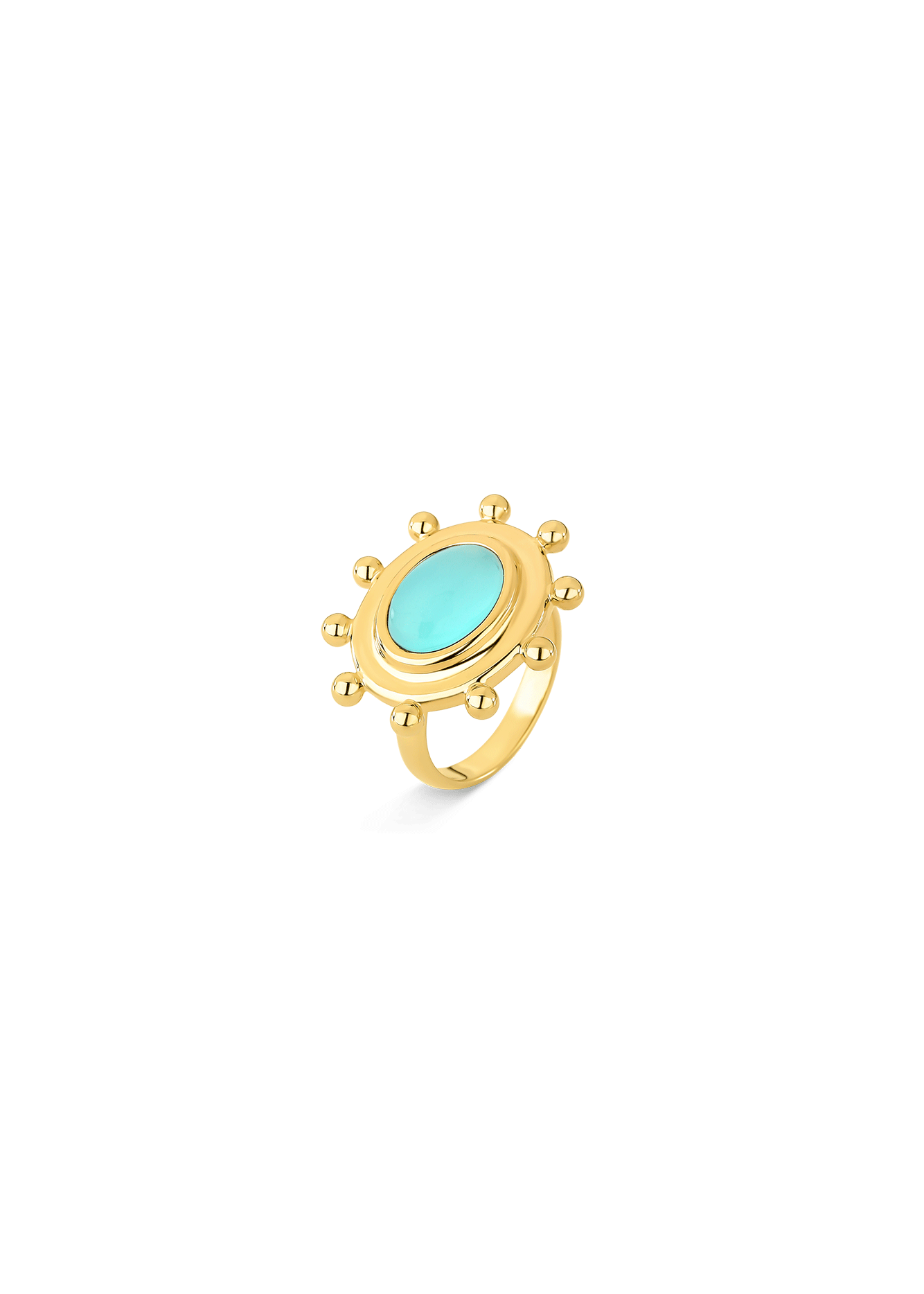 Gold ring with a turquoise stone on a white background