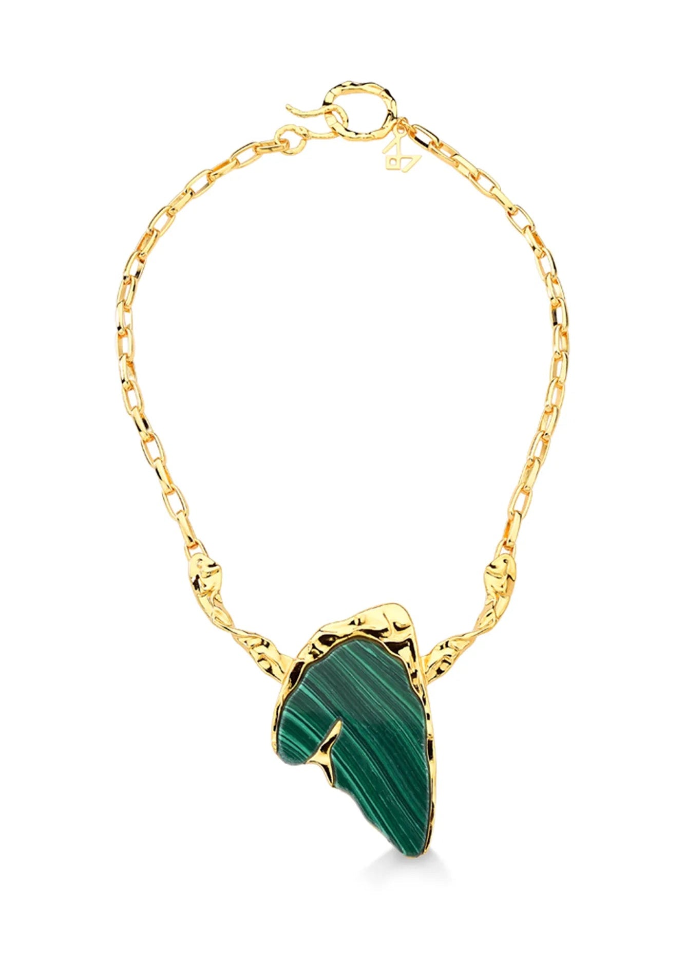 Gold necklace with a green stone on a white background