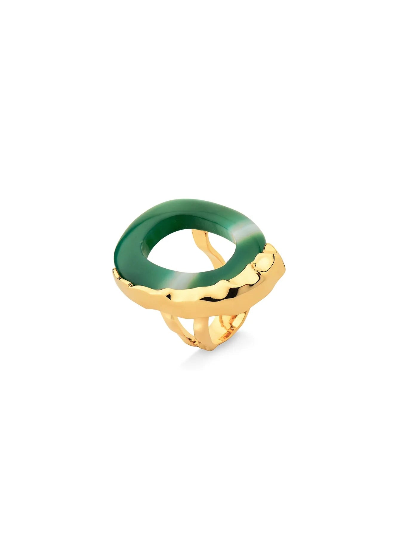 Gold ring with a green stone on a white background
