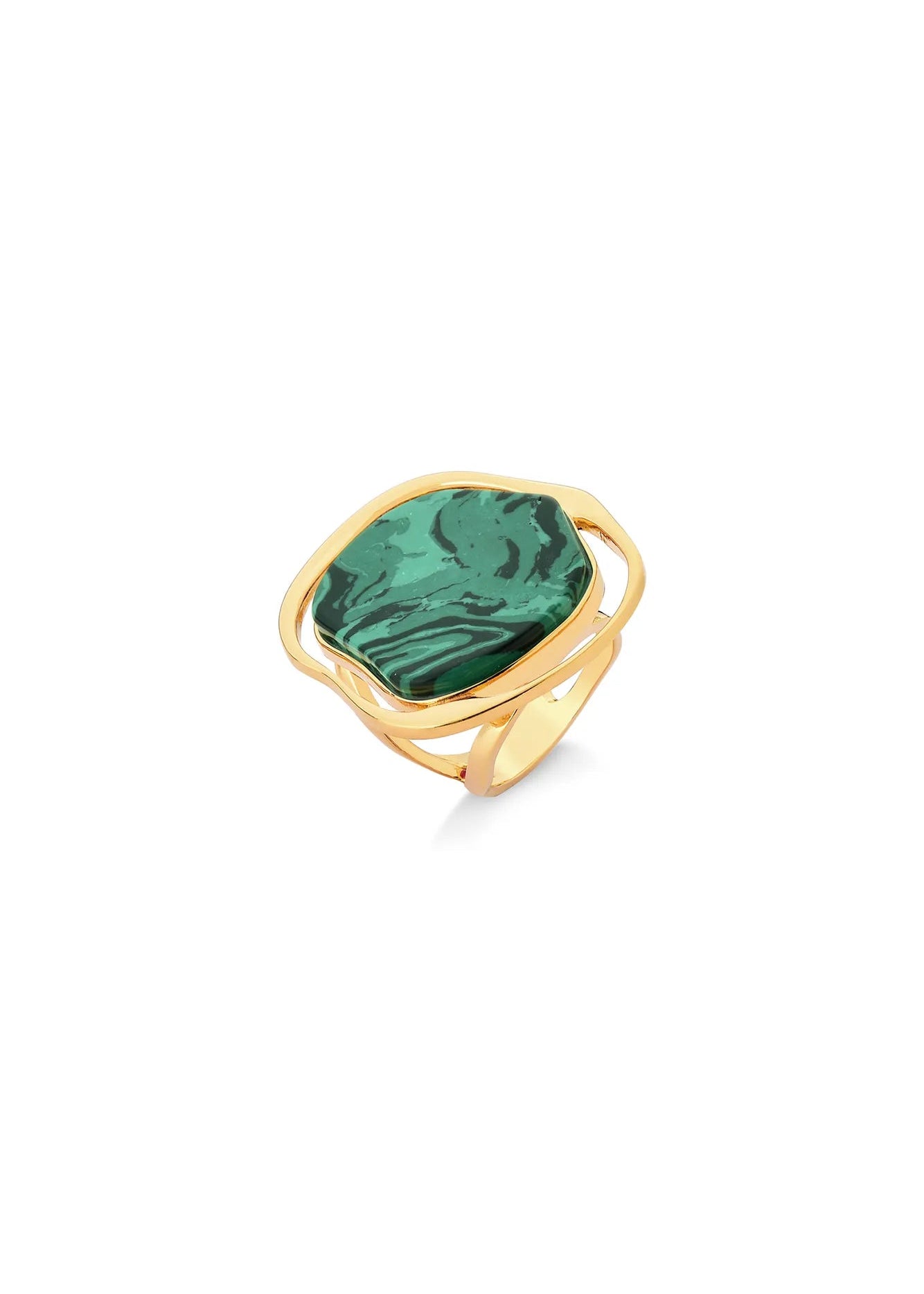 Gold ring with a green stone on a white background