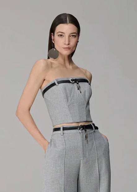 grey colored corselet with leather details