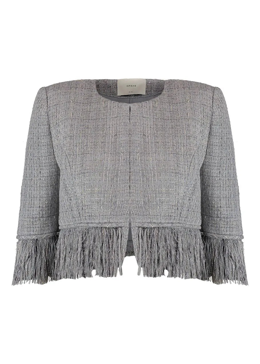 Gray textured jacket with frayed hem on a white background