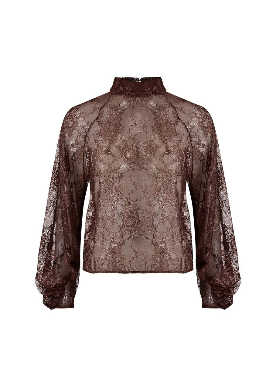 Brown lace blouse on a white background