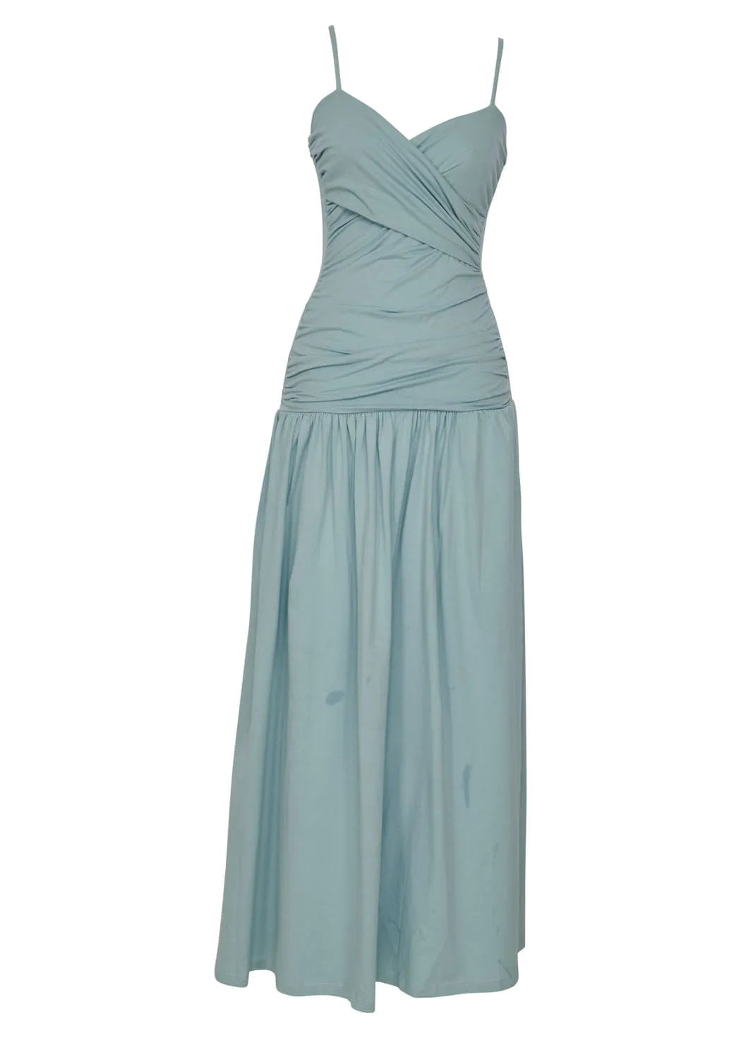 A light blue long dress with spaghetti straps, a sweetheart neckline, and a ruched bodice, shown on a plain white background.