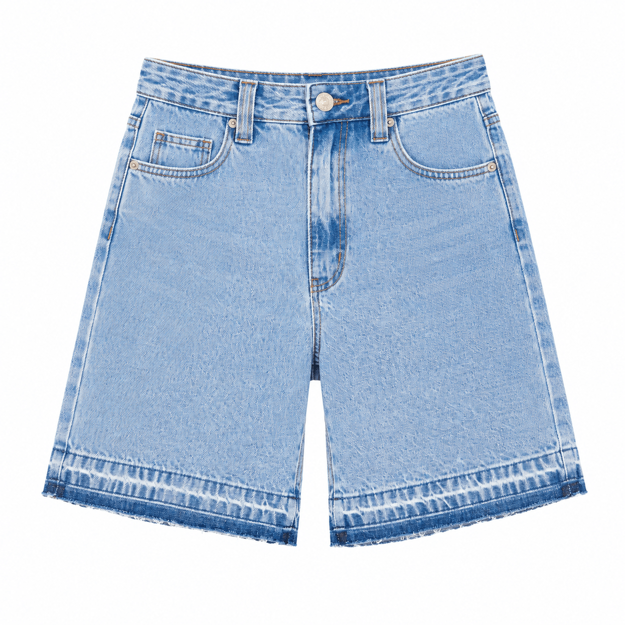 Light blue denim shorts with a frayed hem, featuring a five-pocket design and a button closure, shown flat on a white background.