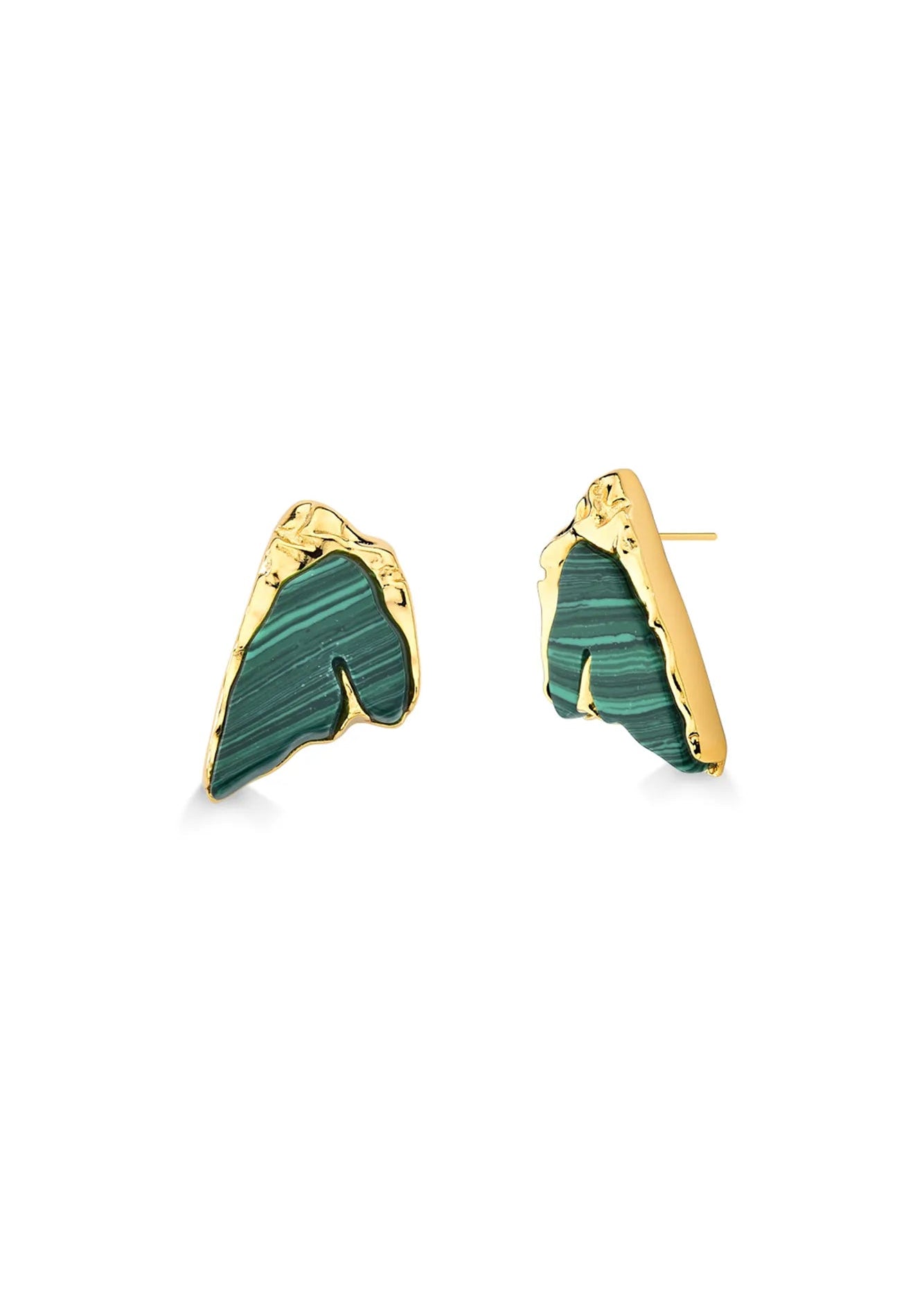 Gold earrings with green stone on a white background