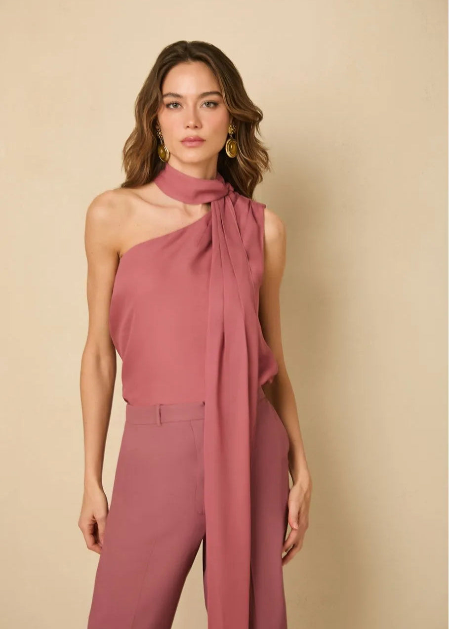 Tourmaline pink tie-neck blouse