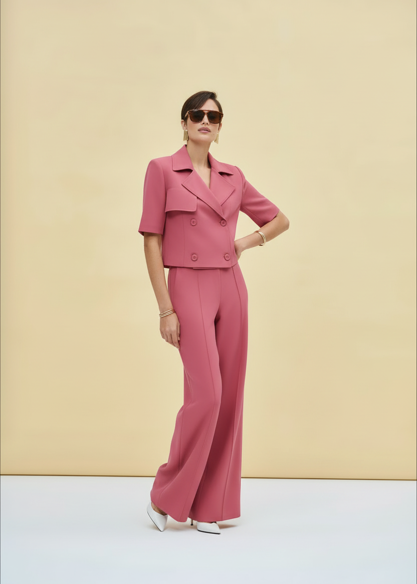 A woman modeling a light yellow-green short-sleeve double-breasted blazer and matching wide-leg trousers, styled with dark sunglasses and gold jewelry against a solid pale yellow studio backdrop.